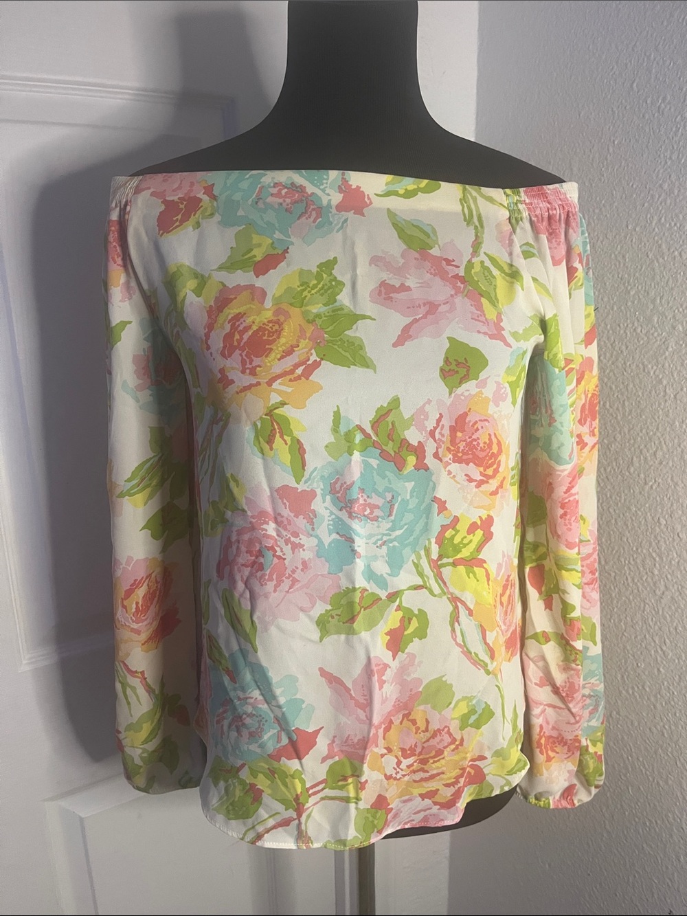 Saks Fifth Avenue Off-Shoulder Floral Blouse in White with Pastel Accents